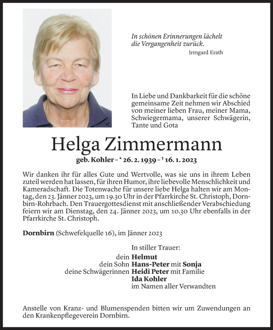 Todesanzeige von Helga Zimmermann von Vorarlberger Nachrichten