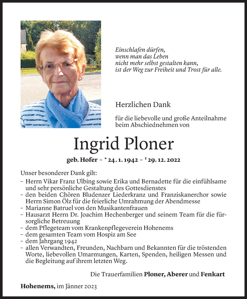  Todesanzeige für Ingrid Ploner vom 28.01.2023 aus Vorarlberger Nachrichten