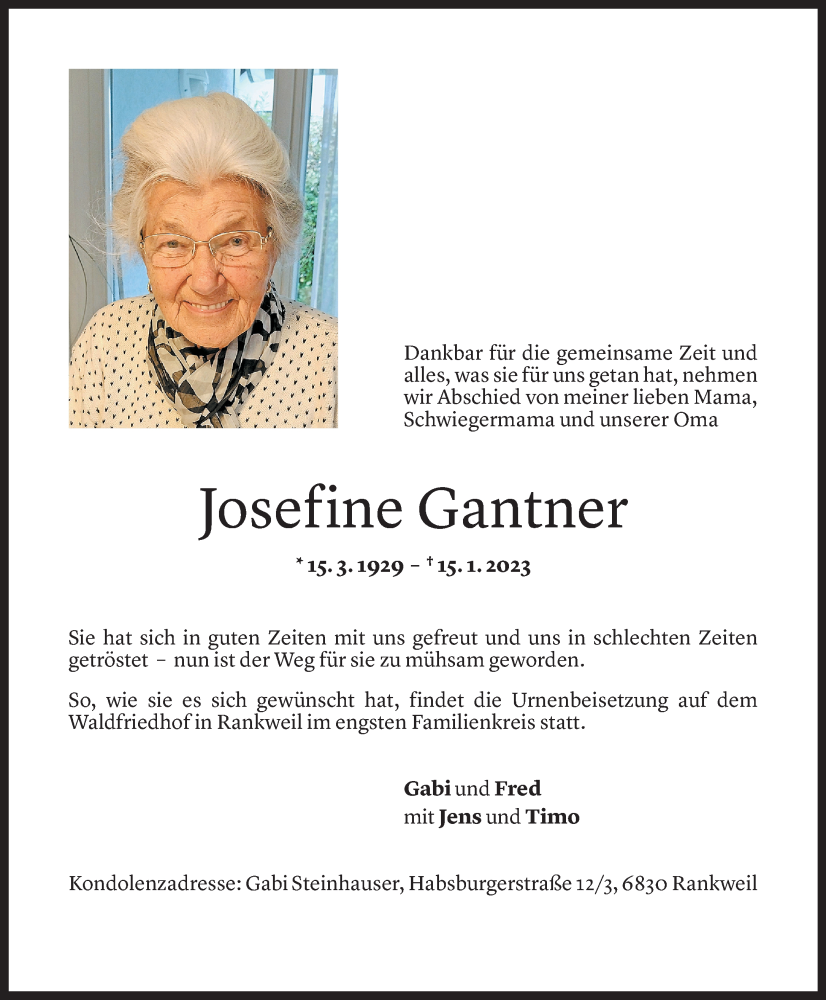  Todesanzeige für Josefine Gantner vom 21.01.2023 aus Vorarlberger Nachrichten