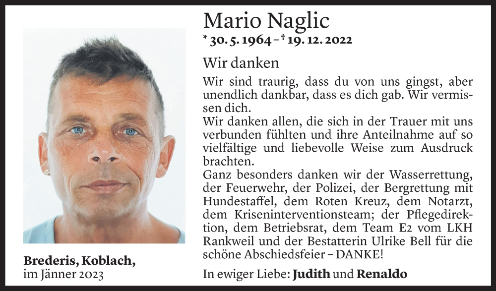  Todesanzeige für Mario Naglic vom 20.01.2023 aus Vorarlberger Nachrichten