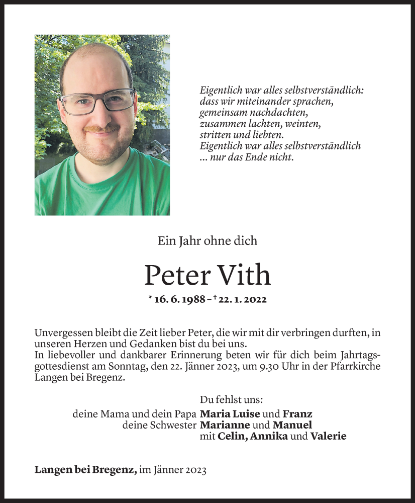  Todesanzeige für Peter Vith vom 20.01.2023 aus Vorarlberger Nachrichten