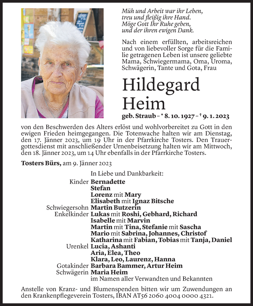  Todesanzeige für Hildegard Heim vom 13.01.2023 aus Vorarlberger Nachrichten