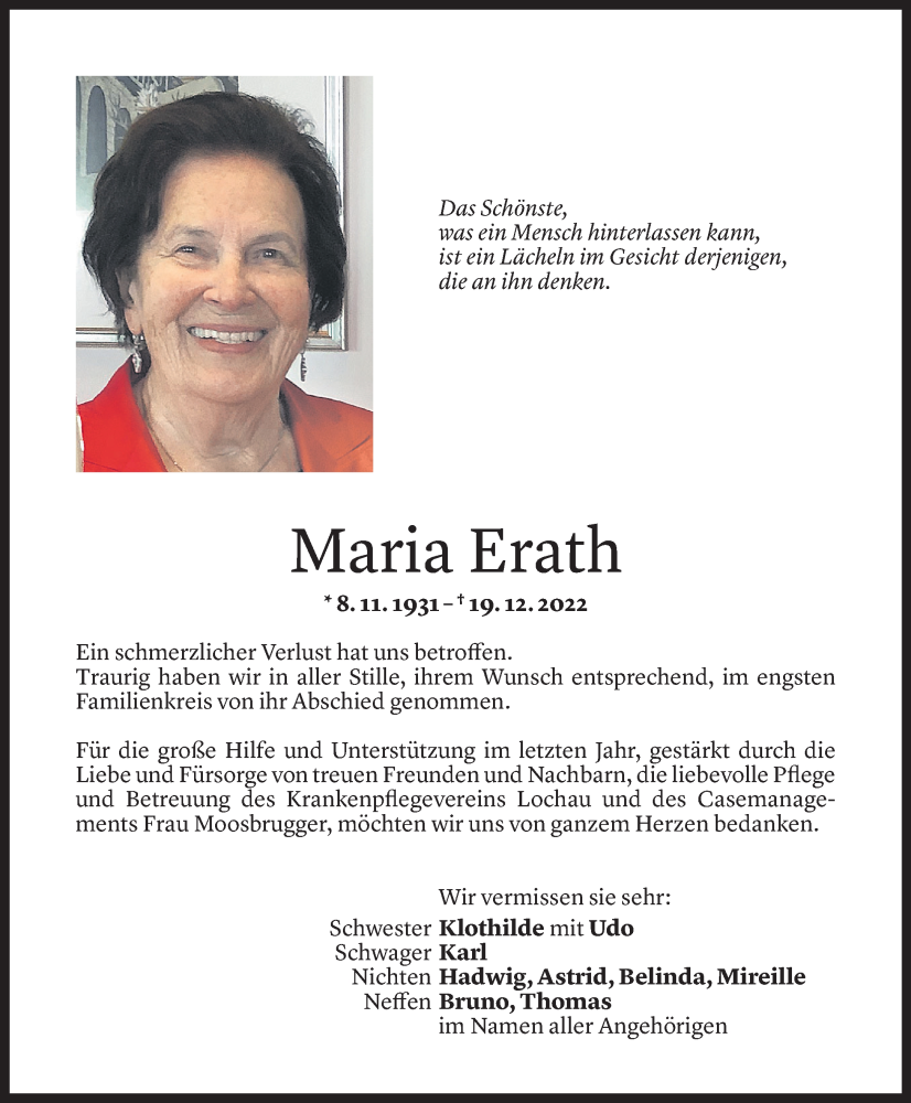  Todesanzeige für Maria Erath vom 27.01.2023 aus Vorarlberger Nachrichten