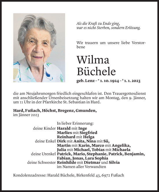 Todesanzeige von Wilma Büchele von Vorarlberger Nachrichten