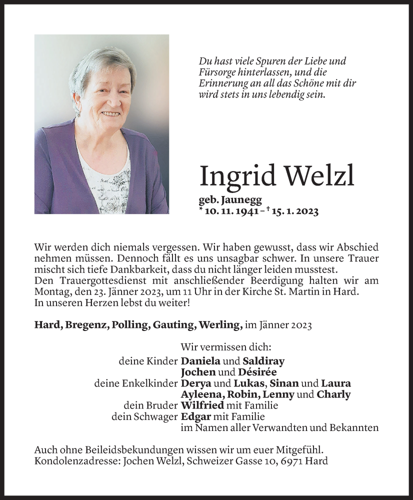  Todesanzeige für Ingrid Welzl vom 19.01.2023 aus Vorarlberger Nachrichten