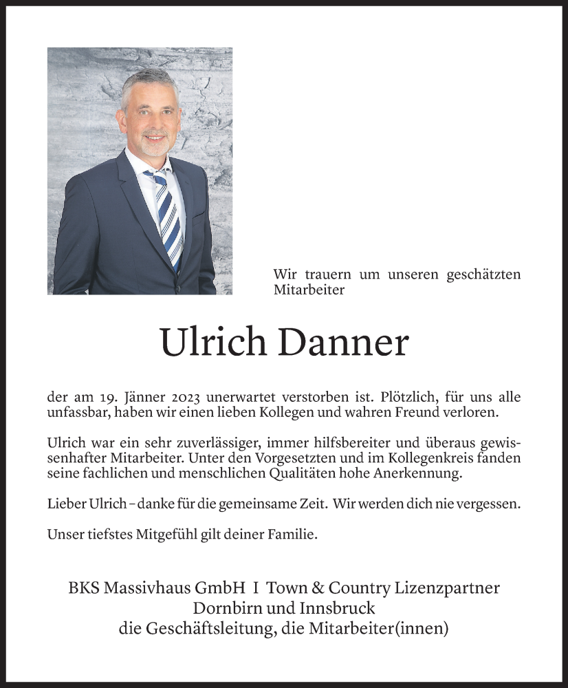  Todesanzeige für Ulrich Danner vom 24.01.2023 aus Vorarlberger Nachrichten