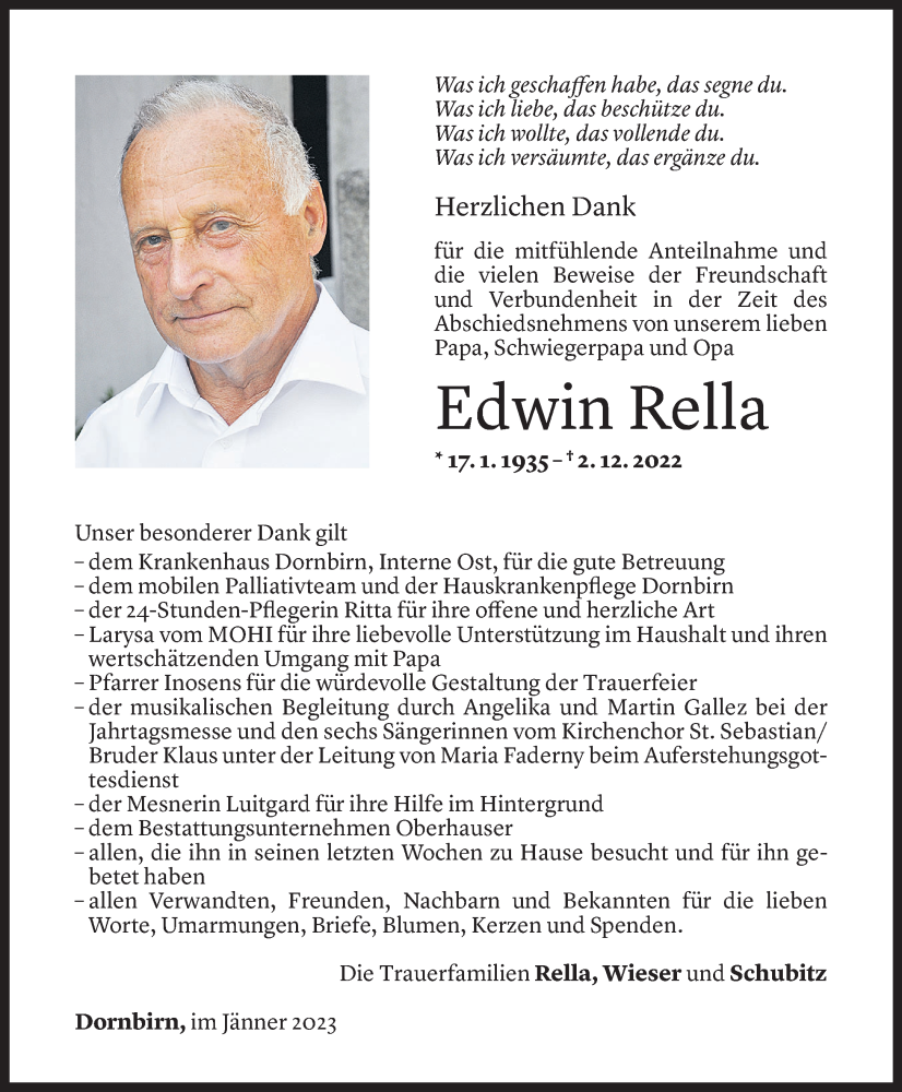  Todesanzeige für Edwin Rella vom 06.01.2023 aus Vorarlberger Nachrichten