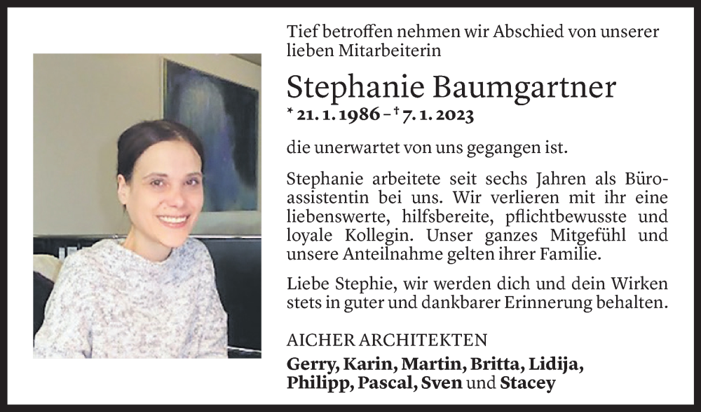  Todesanzeige für Stephanie Baumgartner vom 18.01.2023 aus Vorarlberger Nachrichten