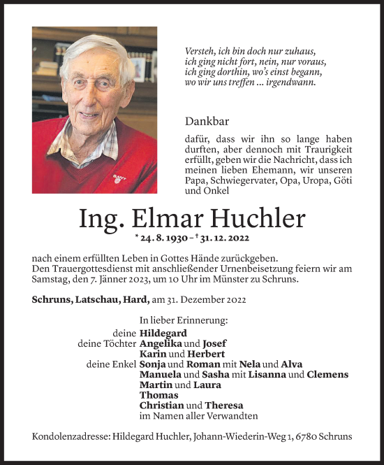 Todesanzeige von Elmar Huchler von Vorarlberger Nachrichten