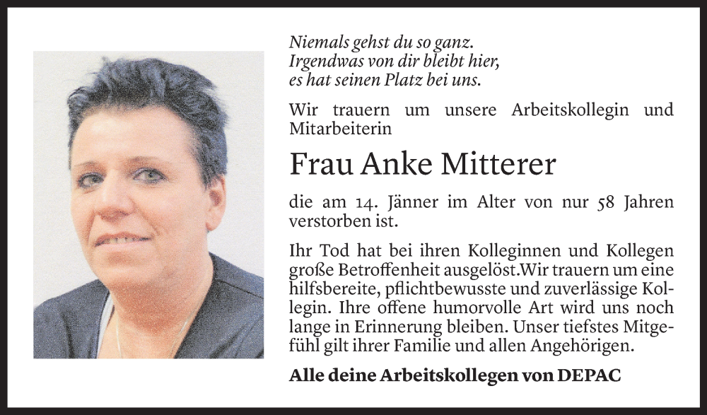  Todesanzeige für Anke Mitterer vom 18.01.2023 aus Vorarlberger Nachrichten
