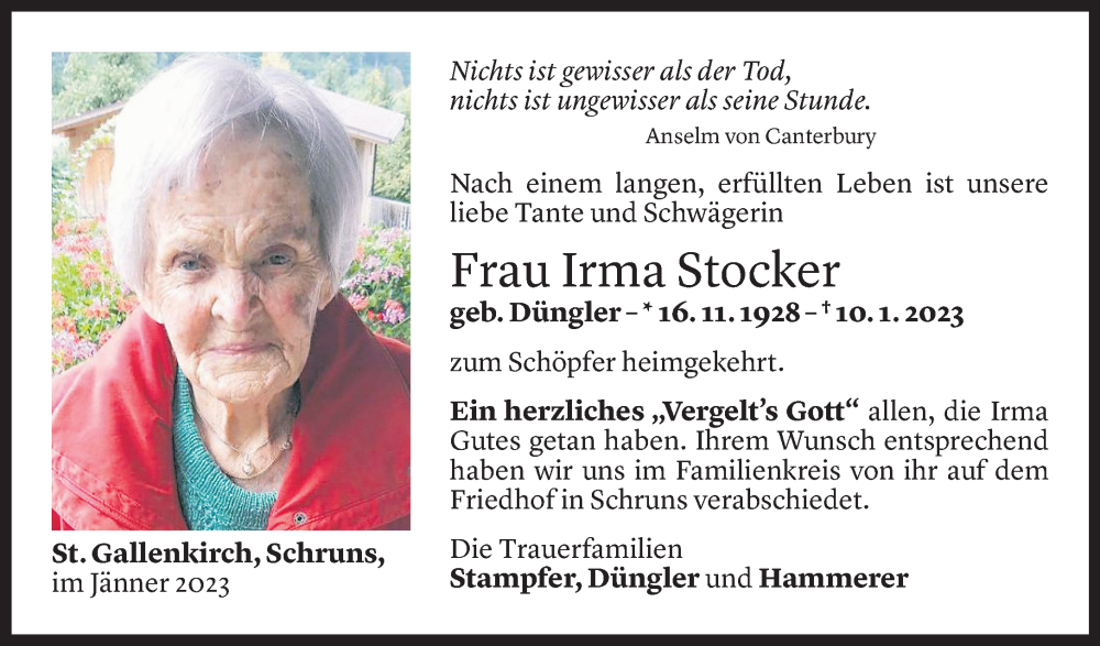  Todesanzeige für Irma Stocker vom 31.01.2023 aus Vorarlberger Nachrichten