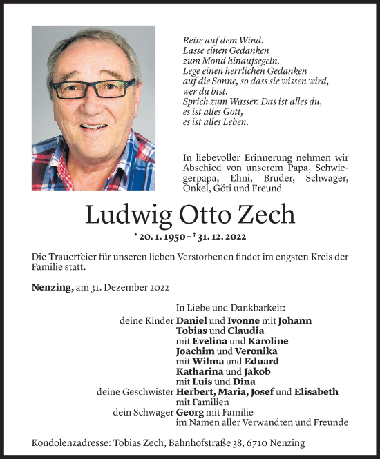 Todesanzeige von Ludwig Otto Zech von Vorarlberger Nachrichten
