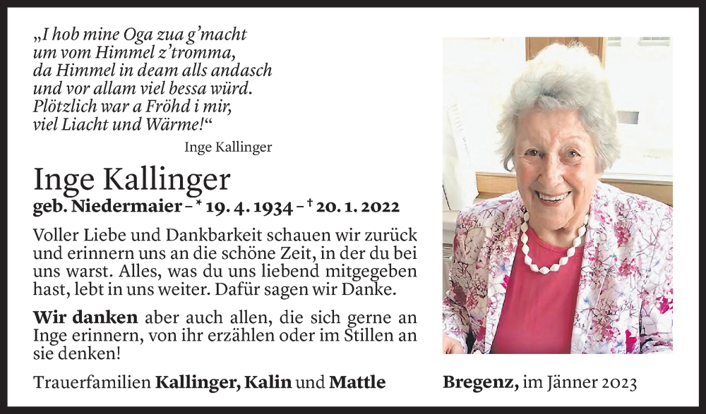  Todesanzeige für Inge Kallinger vom 19.01.2023 aus Vorarlberger Nachrichten