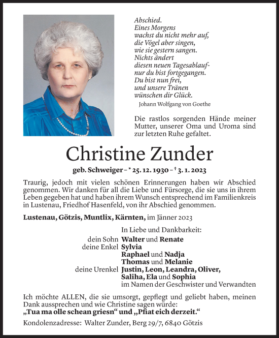 Todesanzeige von Christine Zunder von Vorarlberger Nachrichten