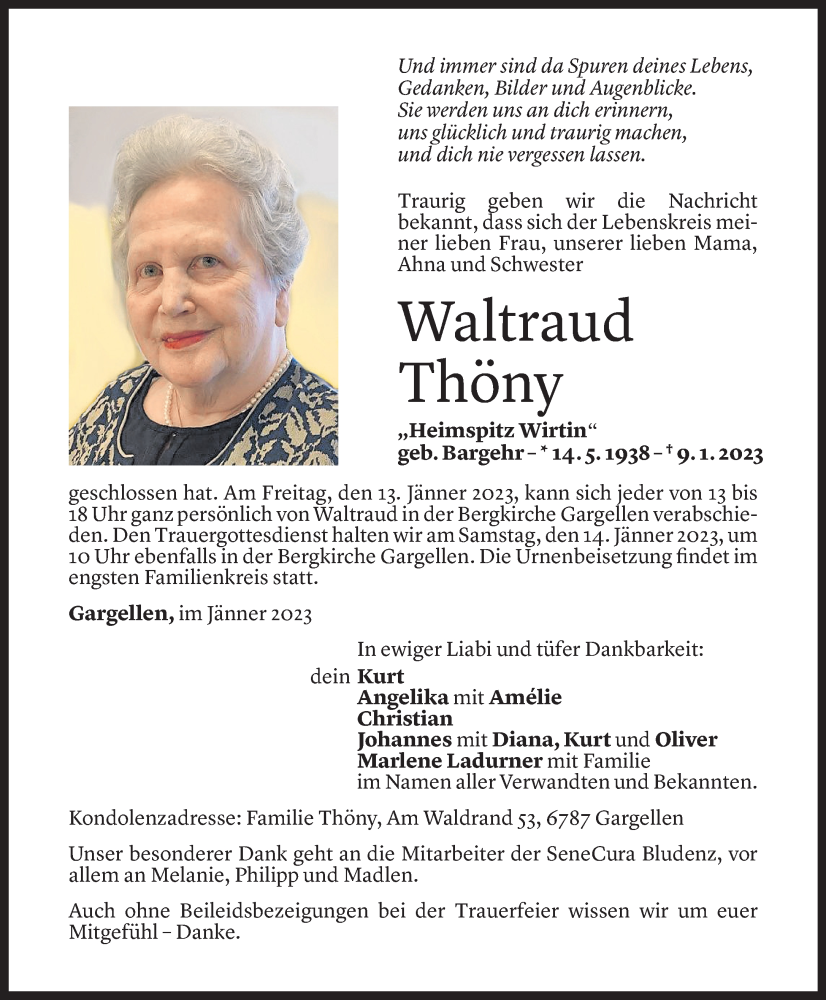  Todesanzeige für Waltraud Thöny vom 12.01.2023 aus Vorarlberger Nachrichten