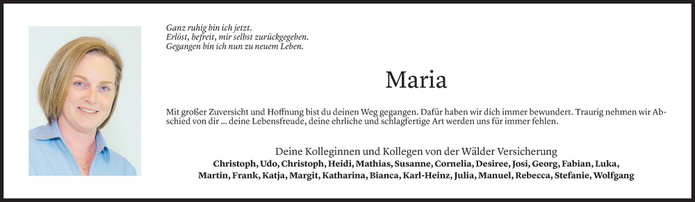  Todesanzeige für Maria Peter vom 16.01.2023 aus Vorarlberger Nachrichten