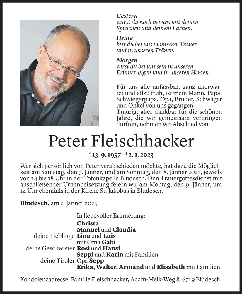 Todesanzeige für Peter Fleischhacker vom 04.01.2023 aus Vorarlberger Nachrichten