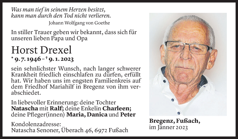  Todesanzeige für Horst Drexel vom 17.01.2023 aus Vorarlberger Nachrichten