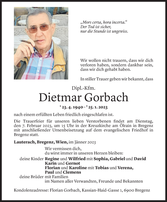 Todesanzeige von Dietmar Gorbach von Vorarlberger Nachrichten