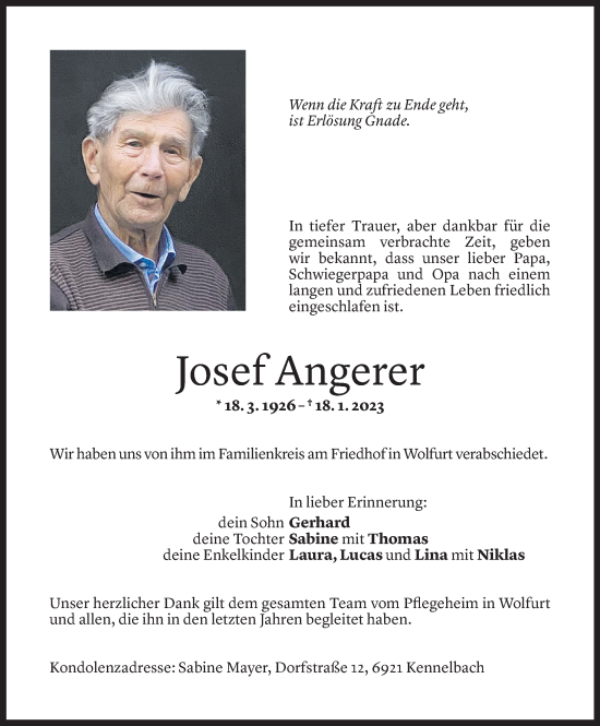 Todesanzeige von Josef Angerer von Vorarlberger Nachrichten