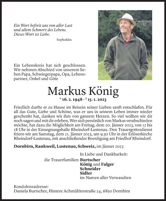 Todesanzeige von Markus König von Vorarlberger Nachrichten