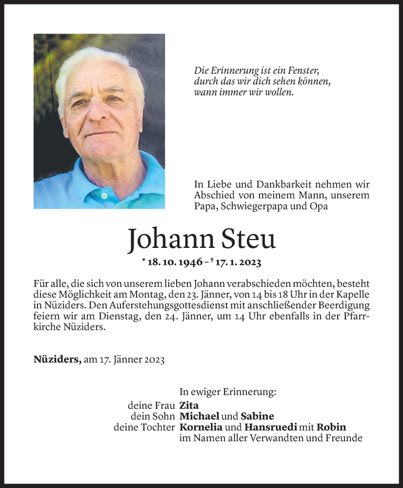  Todesanzeige für Johann Steu vom 21.01.2023 aus Vorarlberger Nachrichten