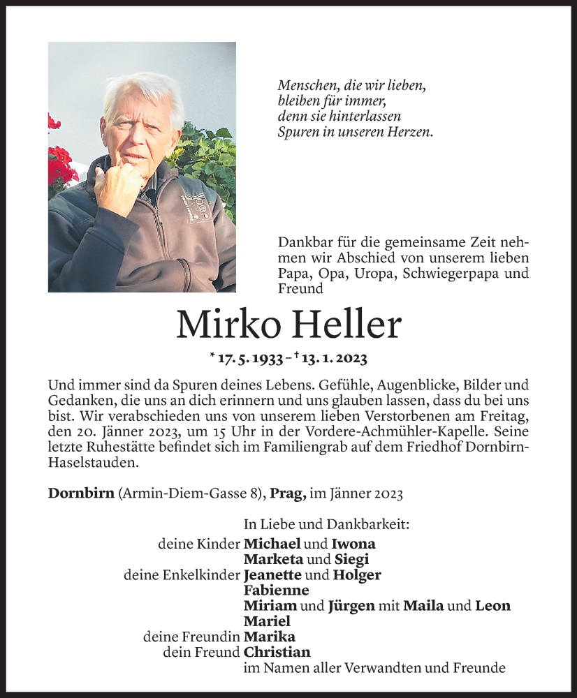  Todesanzeige für Mirko Heller vom 18.01.2023 aus Vorarlberger Nachrichten