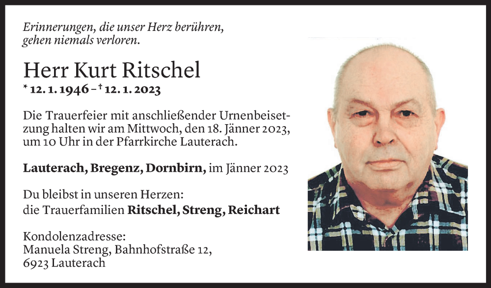  Todesanzeige für Kurt Ritschel vom 15.01.2023 aus Vorarlberger Nachrichten