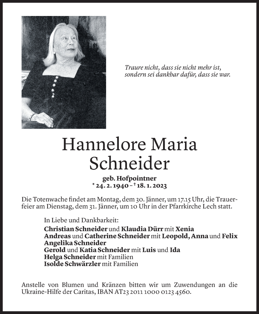  Todesanzeige für Hannelore Schneider vom 28.01.2023 aus Vorarlberger Nachrichten