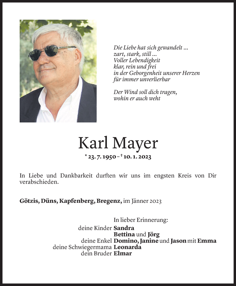  Todesanzeige für Karl Mayer vom 21.01.2023 aus Vorarlberger Nachrichten