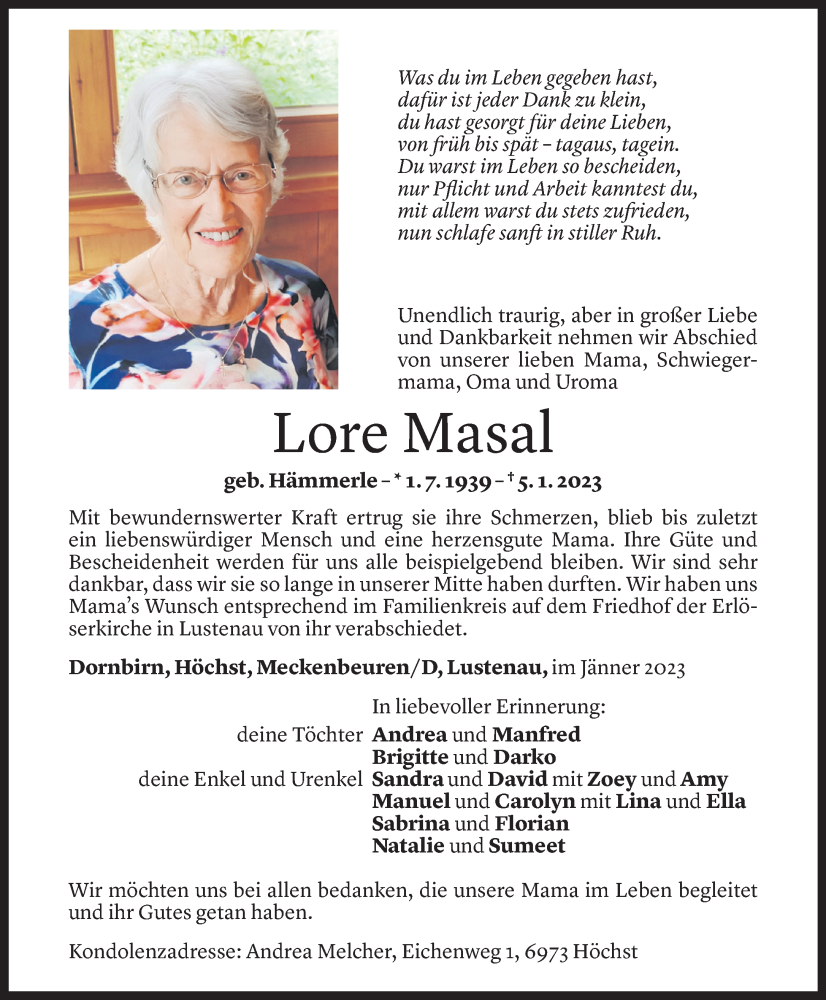  Todesanzeige für Lore Masal vom 13.01.2023 aus Vorarlberger Nachrichten