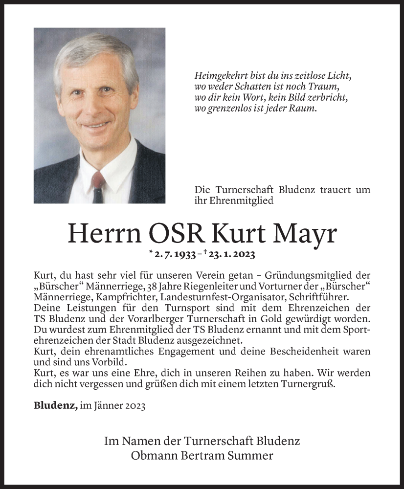  Todesanzeige für Kurt Mayr vom 26.01.2023 aus Vorarlberger Nachrichten