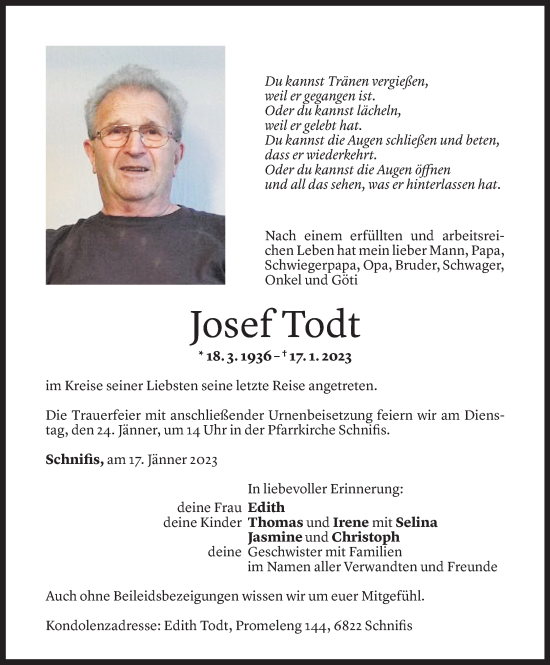 Todesanzeige von Josef Todt von Vorarlberger Nachrichten