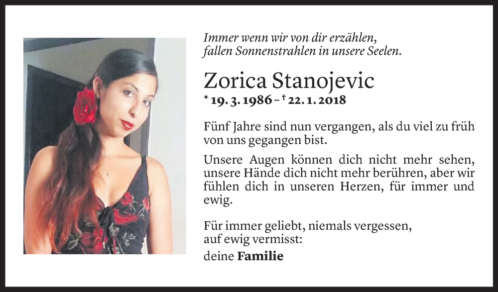  Todesanzeige für Zorica Stanojevic vom 22.01.2023 aus Vorarlberger Nachrichten