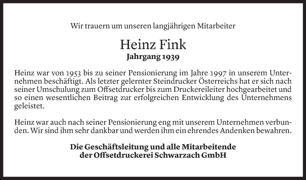  Todesanzeige für Heinz Fink vom 01.01.2023 aus Vorarlberger Nachrichten
