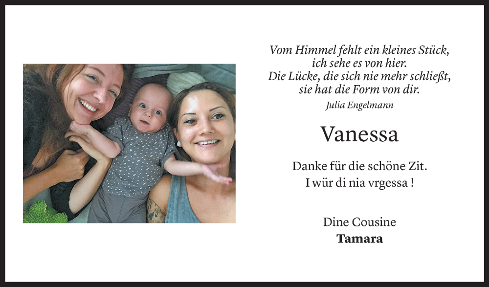  Todesanzeige für Vanessa Schönbeck vom 07.01.2023 aus Vorarlberger Nachrichten