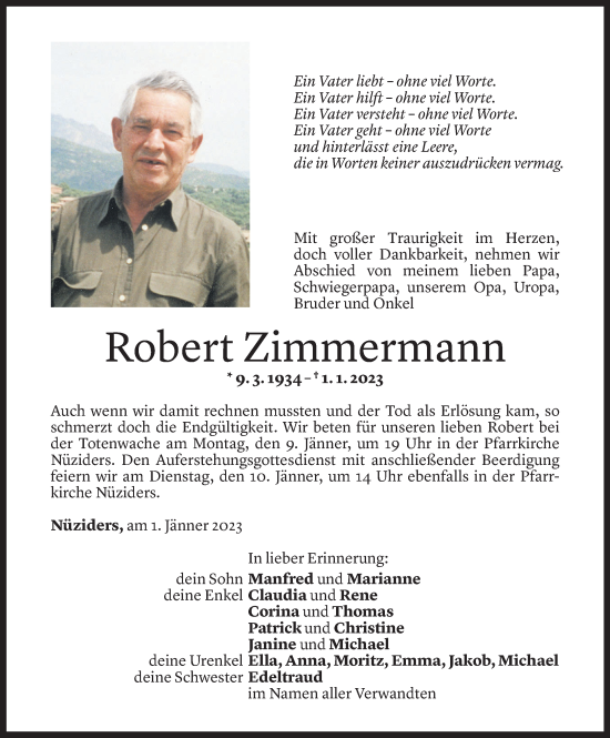 Todesanzeige von Robert Zimmermann von Vorarlberger Nachrichten