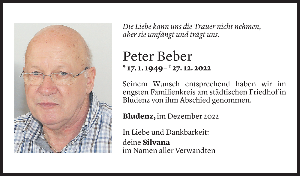  Todesanzeige für Peter Beber vom 04.01.2023 aus Vorarlberger Nachrichten