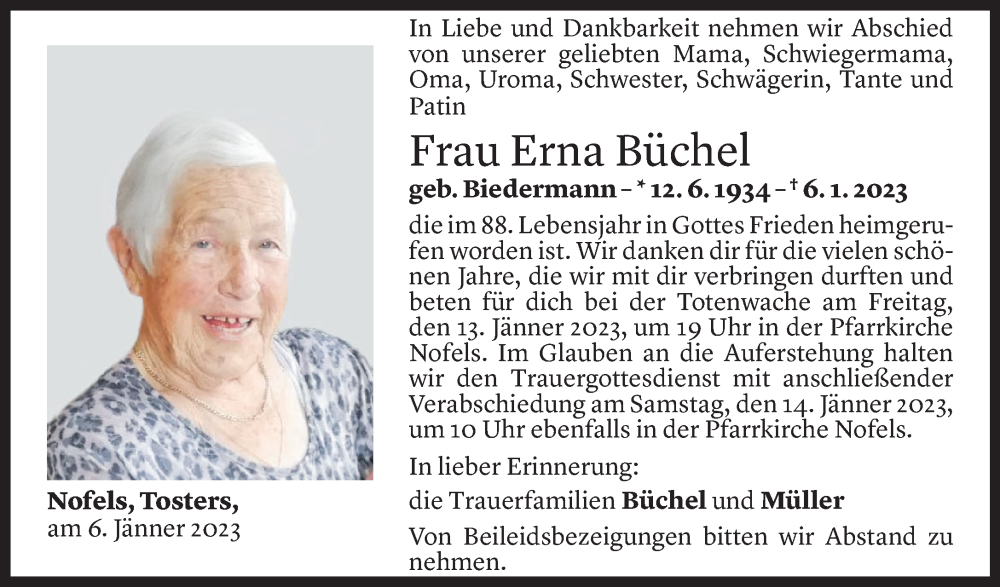  Todesanzeige für Erna Büchel vom 11.01.2023 aus Vorarlberger Nachrichten