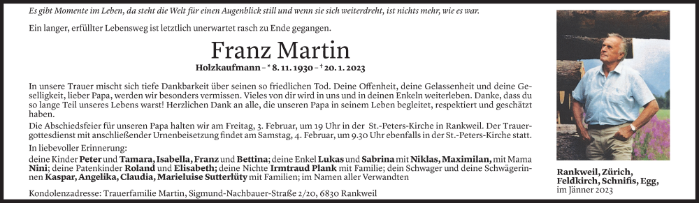 Todesanzeige für Franz Martin vom 31.01.2023 aus Vorarlberger Nachrichten