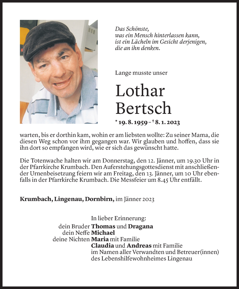  Todesanzeige für Lothar Bertsch vom 10.01.2023 aus Vorarlberger Nachrichten