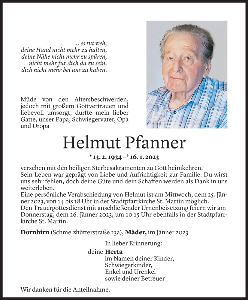 Todesanzeige für Helmut Pfanner vom 20.01.2023 aus Vorarlberger Nachrichten