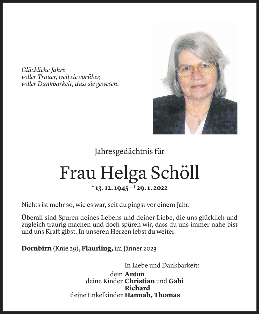  Todesanzeige für Helga Schöll vom 27.01.2023 aus Vorarlberger Nachrichten
