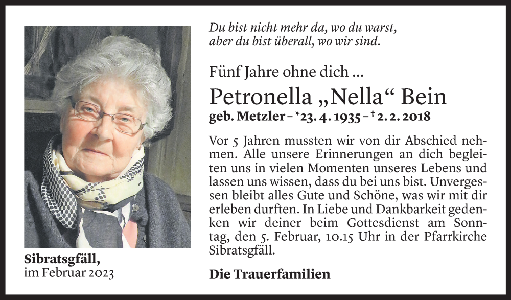  Todesanzeige für Petronella Bein vom 02.02.2023 aus Vorarlberger Nachrichten
