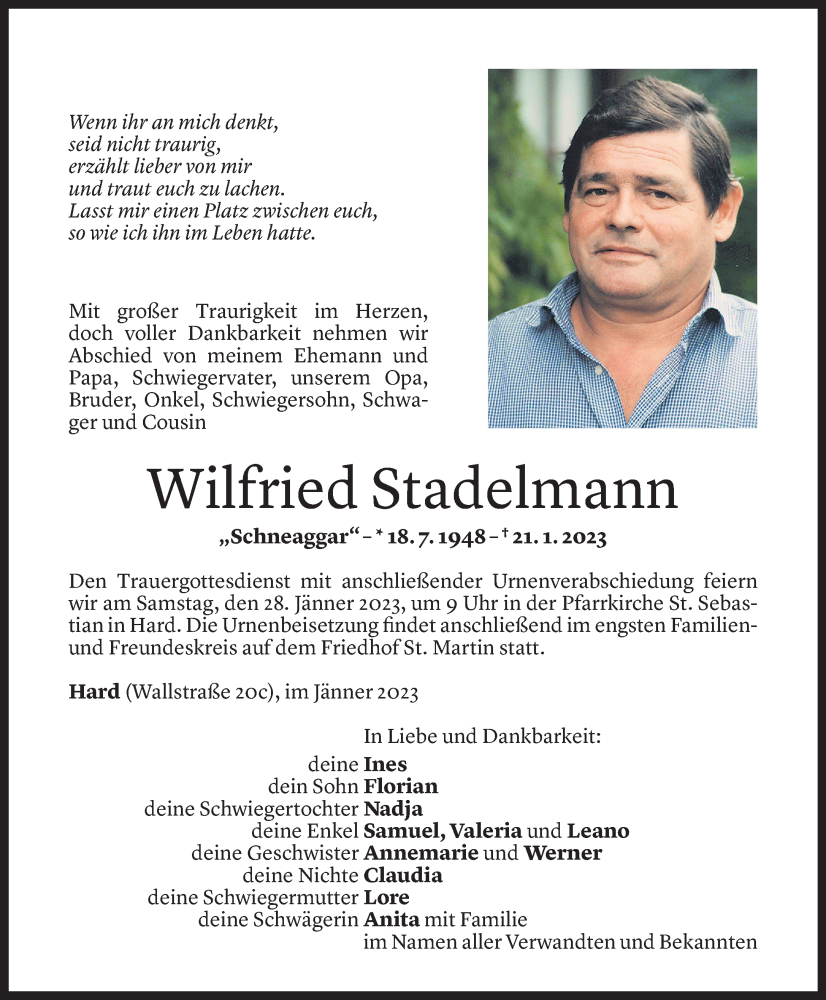  Todesanzeige für Wilfried Stadelmann vom 25.01.2023 aus Vorarlberger Nachrichten
