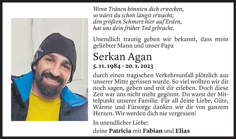  Todesanzeige für Serkan Agan vom 24.01.2023 aus Vorarlberger Nachrichten