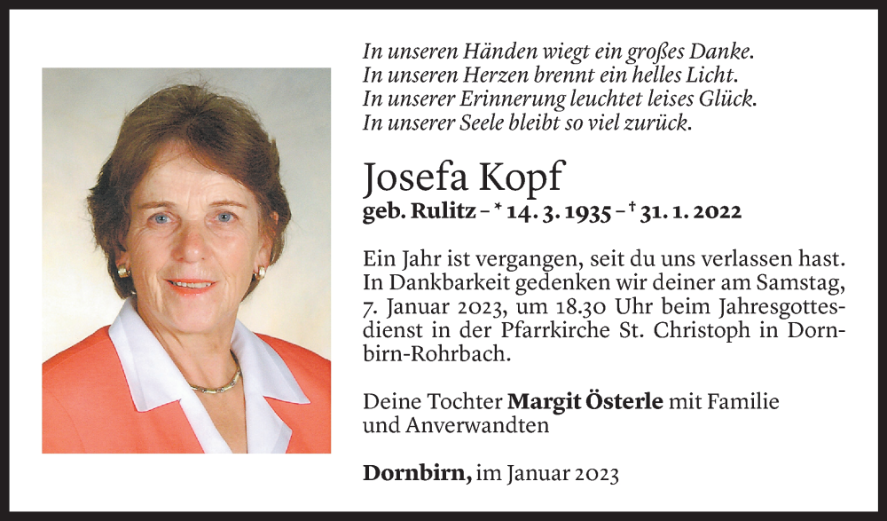  Todesanzeige für Josefa Kopf vom 06.01.2023 aus Vorarlberger Nachrichten
