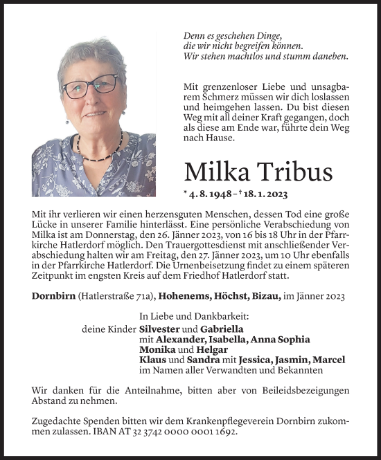 Todesanzeige von Milka Tribus von Vorarlberger Nachrichten