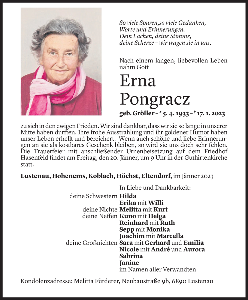  Todesanzeige für Erna Pongracz vom 18.01.2023 aus Vorarlberger Nachrichten