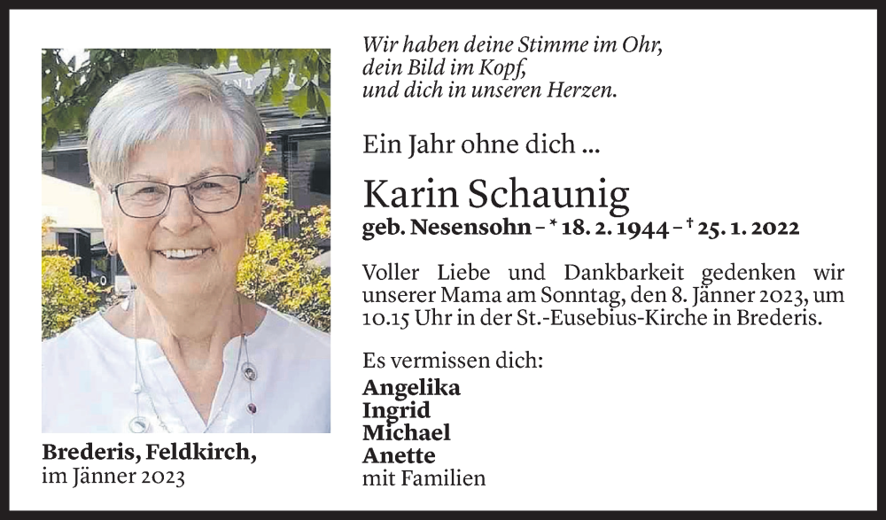  Todesanzeige für Karin Schaunig vom 06.01.2023 aus Vorarlberger Nachrichten